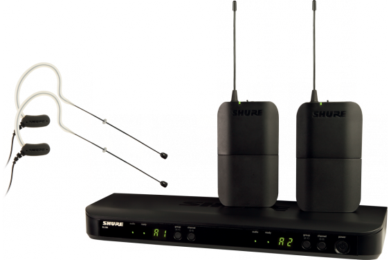 SHURE - Ensemble micro HF sans fil comprenant double récepteur BLX88E, 2 émetteurs ceinture BLX1 et 2 micros tour d'oreille MX15